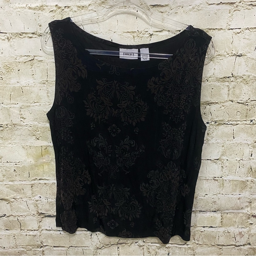 Chicos Travelers Black Brown Print Slinky Knit Tank Top
